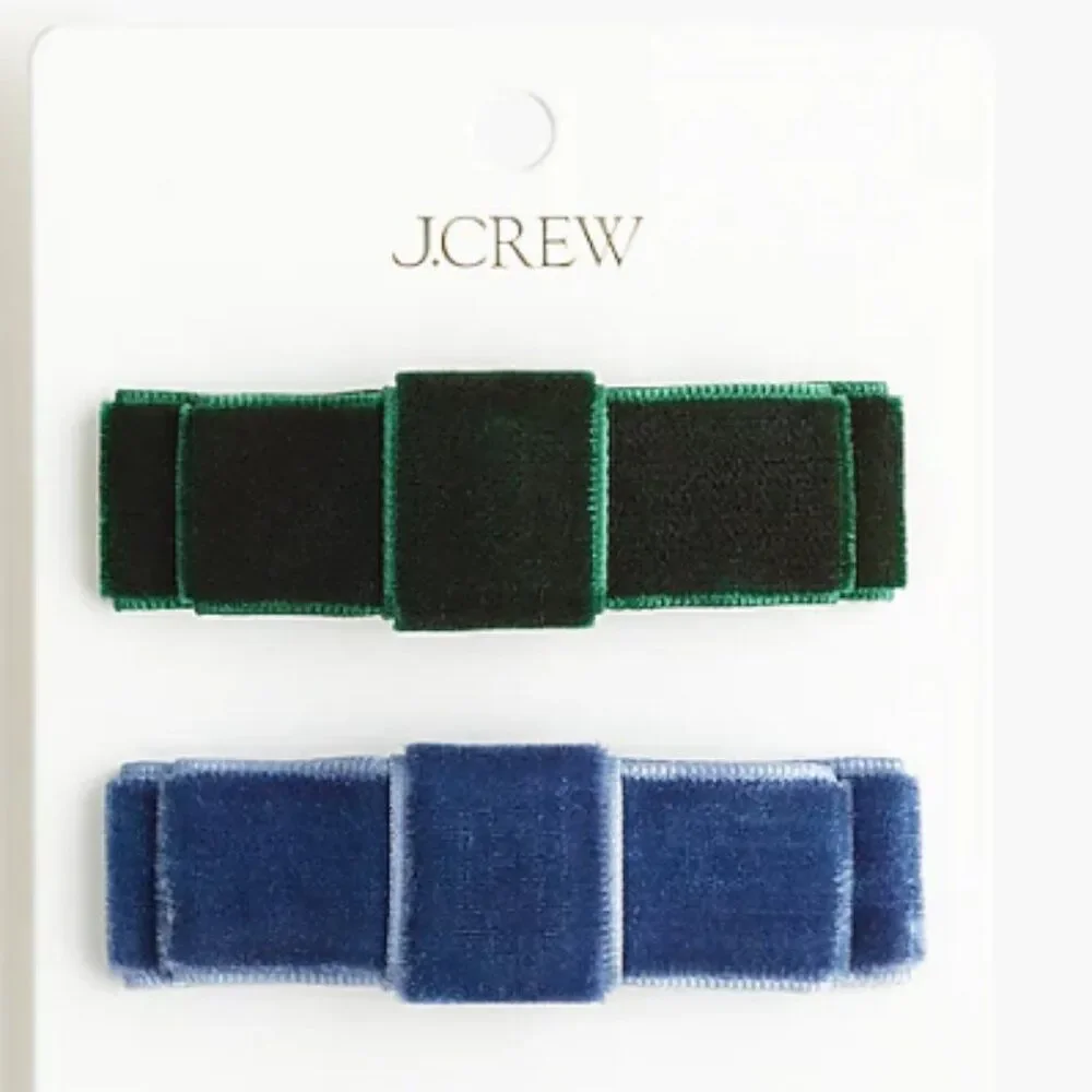 J Crew Women's Velvet Bow Barrettes Set of Two Party Whimsy Blue Green